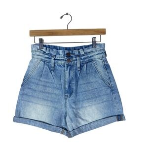 Urban Daizy Paperbag High Waist Pleated Denim Shorts Light Wash Blue Size M